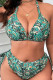 Green Sportswear Print Patchwork Backless Halter Plus Size Swimwear