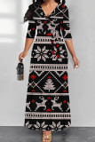 White Elegant Print Patchwork V Neck Long Dresses