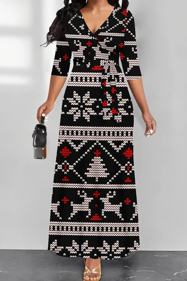 Black Elegant Print Patchwork V Neck Long Dresses