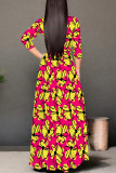 Purple Elegant Flowers Print Lace Up V Neck Printed Dresses