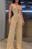 Apricot Sexy Solid Color Hollow Out Backless Strapless Bodycon Jumpsuits