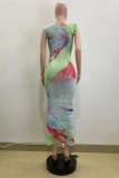 Multicolor Casual Print Belted Oblique Collar Long Dresses