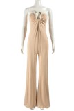 Apricot Sexy Solid Color Hollow Out Backless Strapless Bodycon Jumpsuits