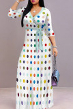 White Elegant Polka Dot Patchwork Strap Design V Neck Long Dresses