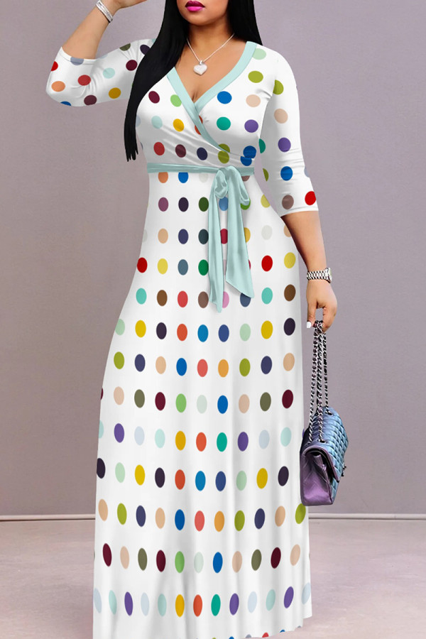 White Elegant Polka Dot Patchwork Strap Design V Neck Long Dresses