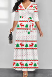 White Elegant Print Patchwork V Neck Long Dresses