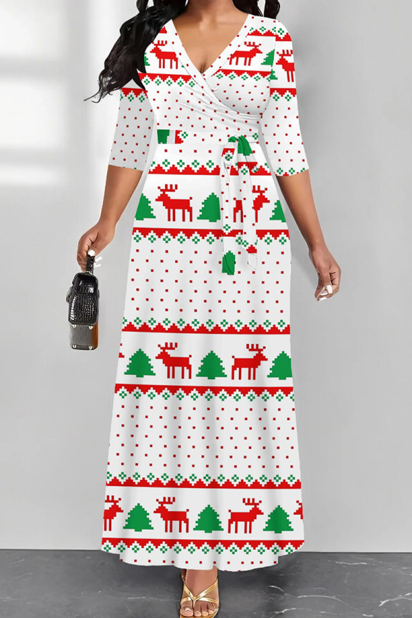 White Elegant Print Patchwork V Neck Long Dresses