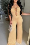 Apricot Sexy Solid Color Hollow Out Backless Strapless Bodycon Jumpsuits