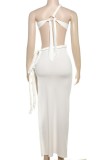 White Sexy Hot Colorblock Hollow Out Backless Slit Irregular Dresses