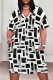 Black And White Casual Print Pocket Patchwork V Neck Straight Plus Size Dresses
