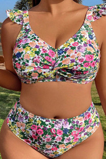 Purple Sportswear Print Patchwork V Neck Plus Size Swimwear