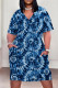 Blue Casual Print Pocket Patchwork V Neck Straight Plus Size Dresses