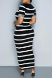 Black Elegant Stripe Patchwork O Neck Long Dresses