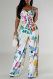Multicolor Sexy Casual Print Backless Belted Spaghetti Strap Sleeveless Two Pieces