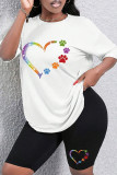 White Casual Print Patchwork O Neck Short Sleeve Two Pieces
