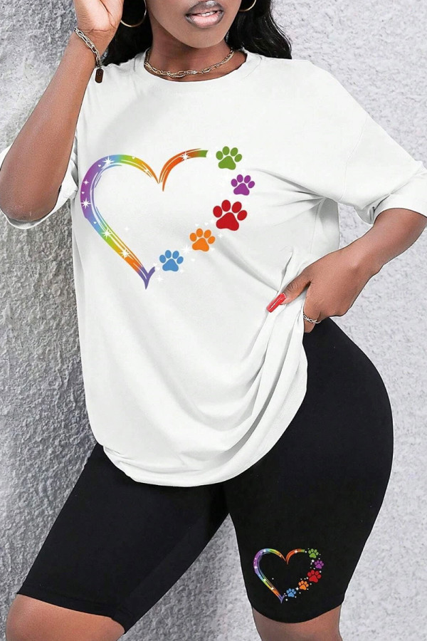 White Casual Print Patchwork O Neck Short Sleeve Two Pieces