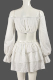 White Sexy Hot Solid Color Patchwork Off Shoulder Long Sleeve Two Pieces