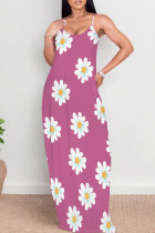 Fuchsia Casual Print Patchwork Backless Spaghetti Strap Sling Dresses