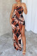 Brown Elegant Print Hollow Out Patchwork Backless High Slit Strapless Long Dresses