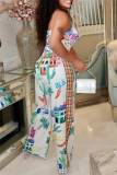 Multicolor Sexy Casual Print Backless Belted Spaghetti Strap Sleeveless Two Pieces