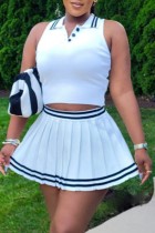White Casual Patchwork Contrast Turndown Collar Sleeveless Two Pieces
