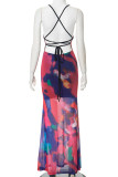 Red Elegant Print Patchwork Backless Strap Design Spaghetti Strap Long Dresses