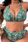 Green Sportswear Print Patchwork Backless Halter Plus Size Swimwear