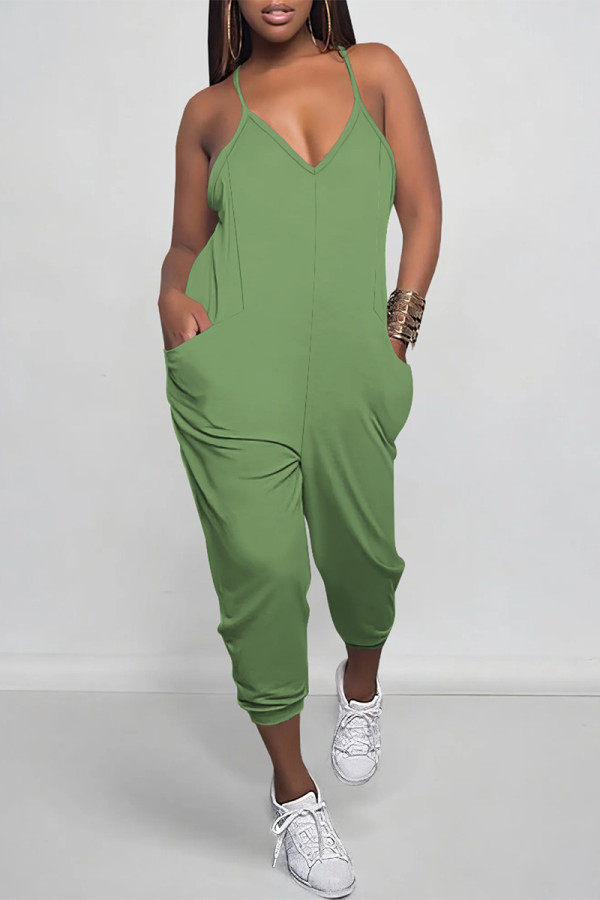 Light Green Casual Solid Color Pocket V Neck Loose Jumpsuits
