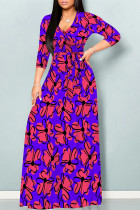 Purple Elegant Flowers Print Lace Up V Neck Printed Dresses