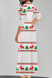 White Elegant Print Patchwork V Neck Long Dresses