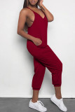 Pink Casual Solid Color Pocket V Neck Loose Jumpsuits