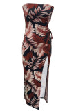 Brown Elegant Print Hollow Out Patchwork Backless High Slit Strapless Long Dresses