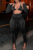Black Sexy Patchwork Hollow Out Belted Halter Long Sleeve Two Pieces