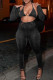 Black Sexy Patchwork Hollow Out Belted Halter Long Sleeve Two Pieces