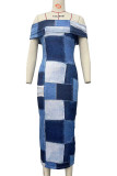 Blue Sexy Print Patchwork Backless Off Shoulder Long Dresses