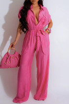 Rose Red Casual Solid Color Pocket Patchwork Turndown Collar Regular Jumpsuits