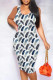 Gray Blue Sexy Print Patchwork U Neck Wrapped Skirt Dresses
