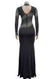 Apricot Sexy Patchwork Hot Drilling See-Through Turtleneck Long Dresses