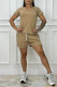Brown Casual Street Letters Embroidered Draw String O Neck Short Sleeve Two Pieces
