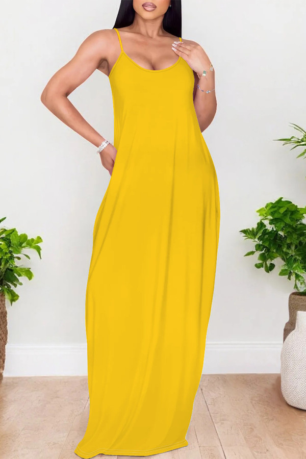 Yellow Sexy Solid Color Pocket U Neck Sling Dresses