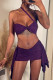 Purple Celebrities Solid Color Patchwork Backless Ruched Asymmetrical Collar Sleeveless Two Pieces