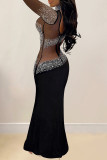 Apricot Sexy Patchwork Hot Drilling See-Through Turtleneck Long Dresses
