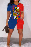 Black Casual Print Basic O Neck Short Sleeve Two Pieces