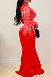 Blue Sexy Solid Color Patchwork Hot Drill Deep V Neck Long Dresses
