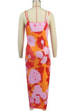 Red Sexy Print Patchwork Backless Spaghetti Strap Sling Dresses