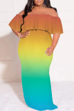 Grey Sexy Gradient Print Ruffle Contrast Off Shoulder One Step Skirt Plus Size Dresses