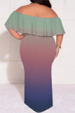 Grey Sexy Gradient Print Ruffle Contrast Off Shoulder One Step Skirt Plus Size Dresses