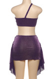 Purple Celebrities Solid Color Patchwork Backless Ruched Asymmetrical Collar Sleeveless Two Pieces