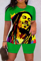 Green Casual Print Basic O Neck Short Sleeve Two Pieces