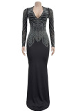 Blue Sexy Solid Color Patchwork Hot Drill Deep V Neck Long Dresses